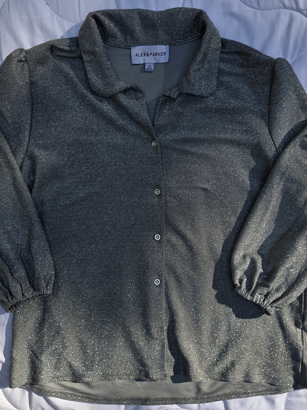 Alex & Parker Metallic Shimmery Black Button-Down Blouse
